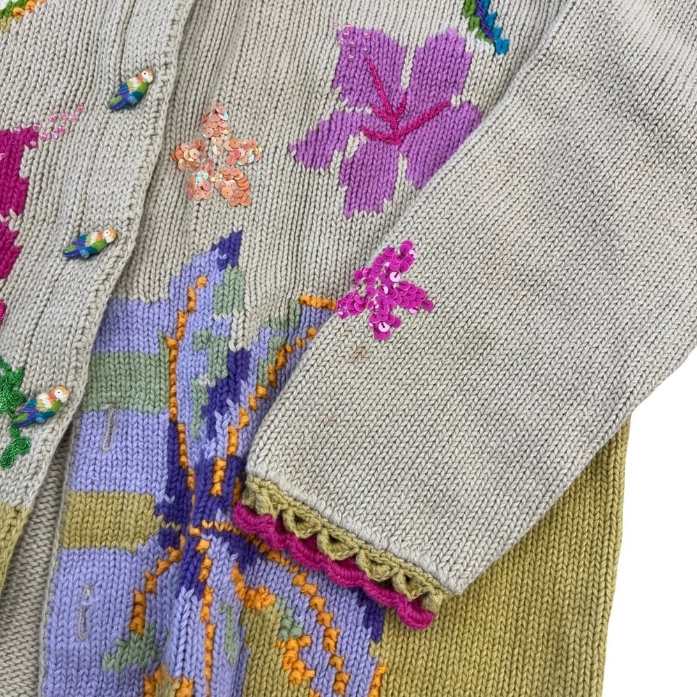 Storybook Knits Beige Parrot Animals flowers Cardigan Sweater Size L - Picture 3 of 5